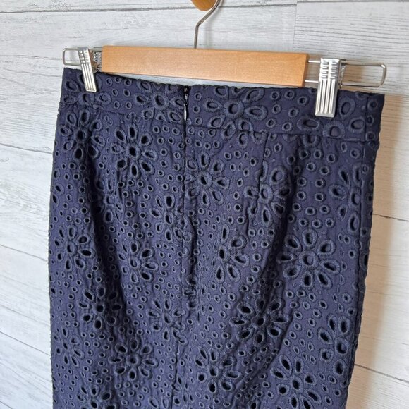 J Crew Skirt Womens SZ 00 Navy Blue No. 2 Pencil Mini Eyelet Lined Cotton Floral - Picture 10 of 16